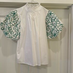 THML White Blouse with Green Embroidered Sleeves